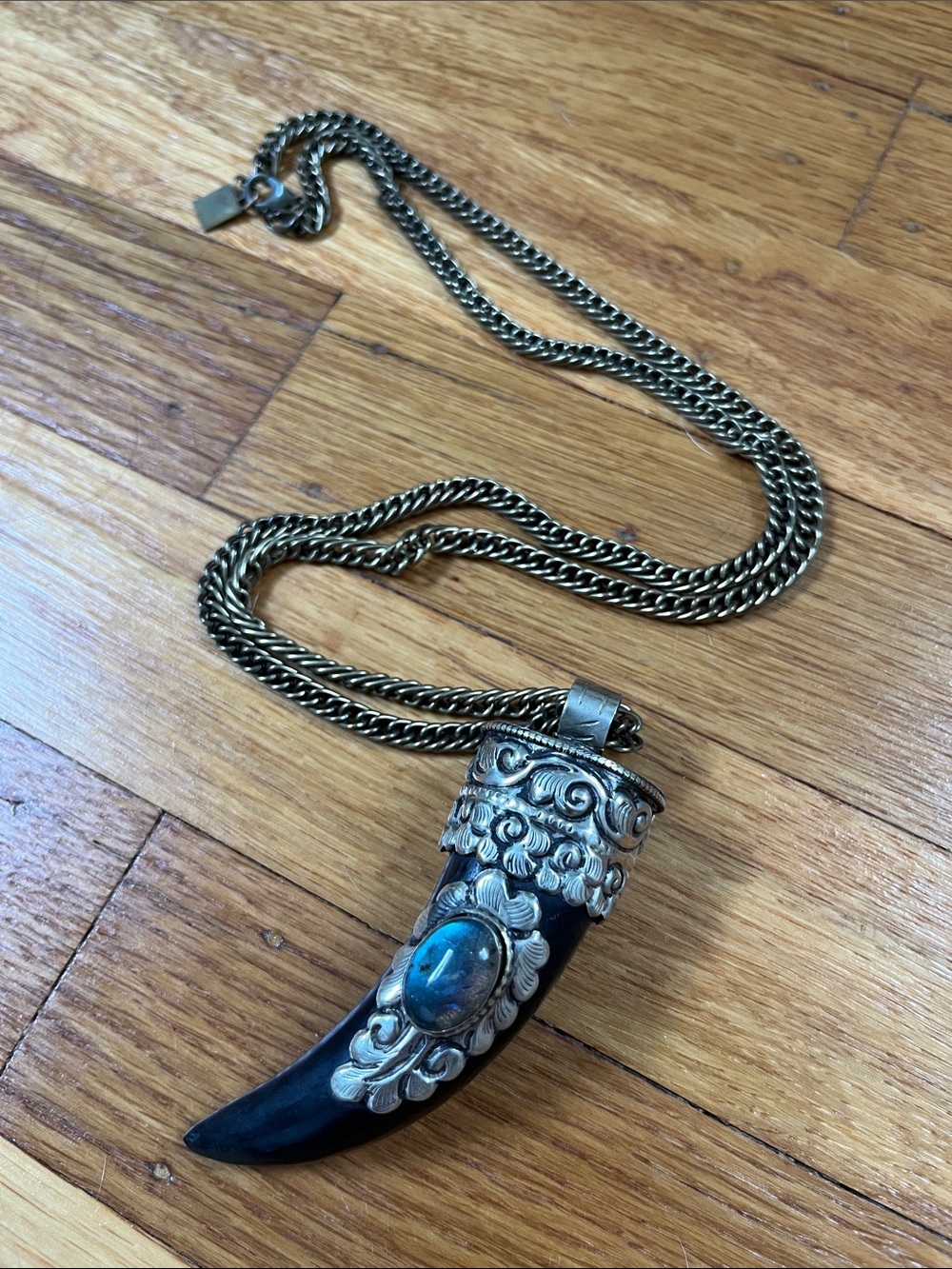 Silver-Tone Horn Pendant Necklace with Blue Stone Accent